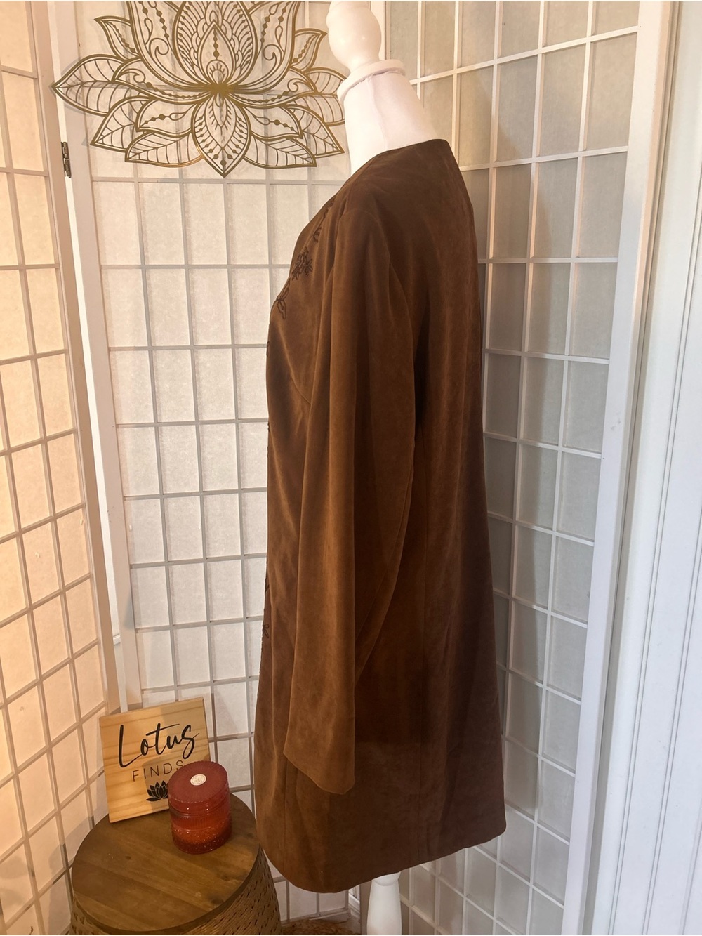 Bandolino Brown Faux Suede Embroidered Duster Coat – Size 12 - Picture 4 of 5